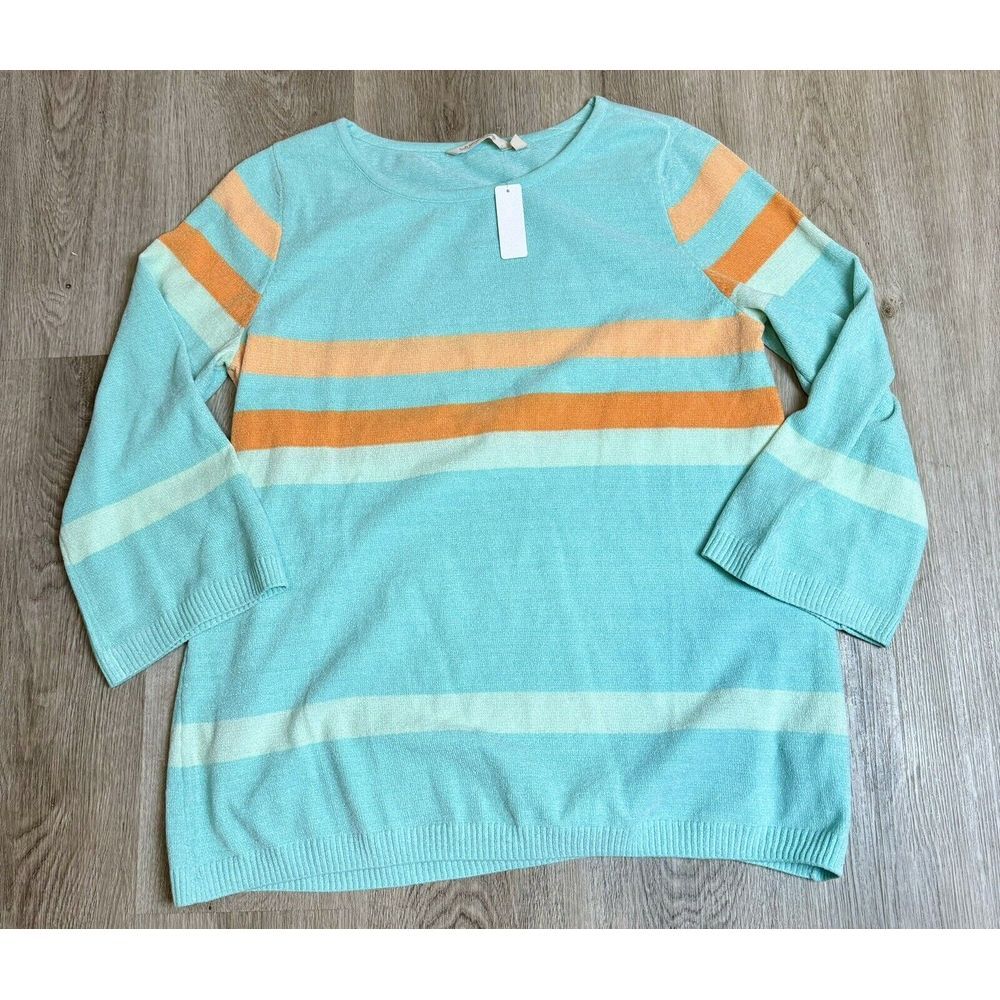 Soft Surroundings Zofia Sweater Womens Large Teal Terry Soft‎ Long Sleeve Stripe